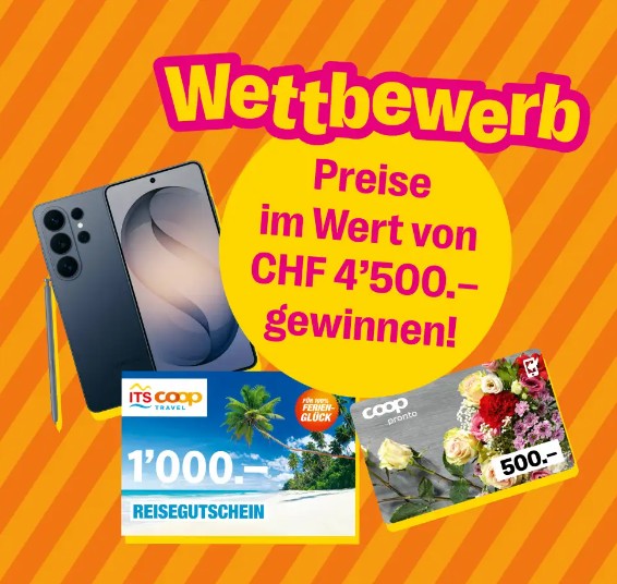 Coop Pronto - Gewinnen Sie 1 ITS-Reisegutschein im Wert von CHF 1'000.–, 1 Samsung Galaxy S26 Ultra und 5 Coop Pronto-Geschenkkarten im Wert von je CHF 500.– - schweiz